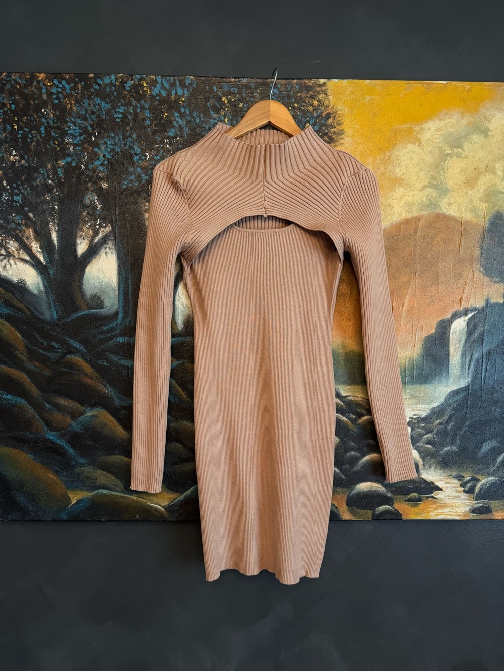 Promesa Ribbed Mock Neck Dress in Beige-Taupe